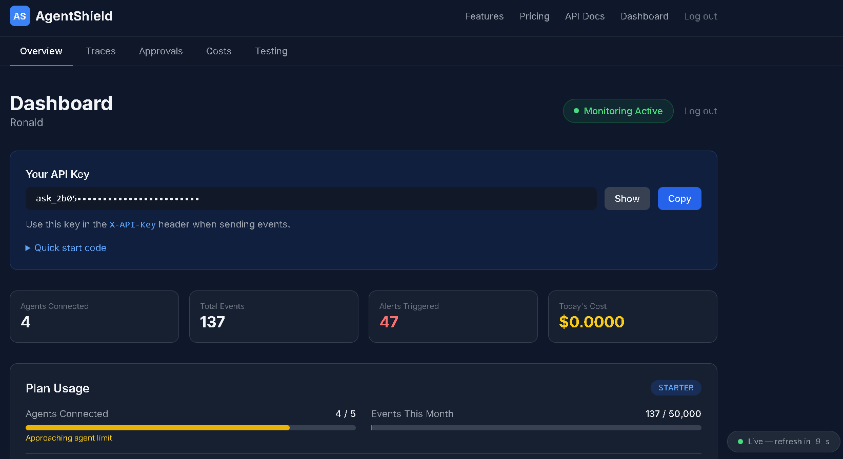 AgentShield Dashboard — Overview with agent stats, alerts, and monitoring status